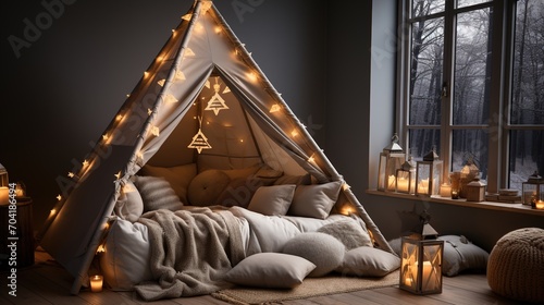 Cozy indoor teepee tent with pillows and fairy lights
