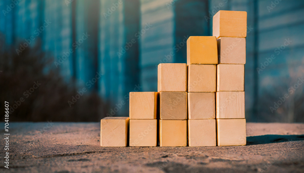 Stair-stacked wooden cubes, town, evening, close-up Stair-stacked wooden cubes, town, evening, close-up