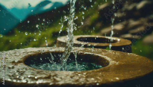 Water pouring into a stone water catch basin, close-up