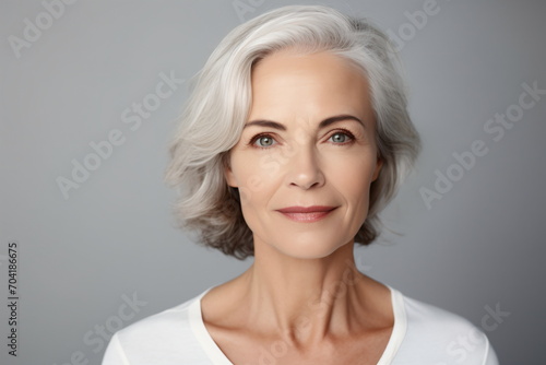 Portrait of a beautiful middle-aged woman with short gray hair and green eyes