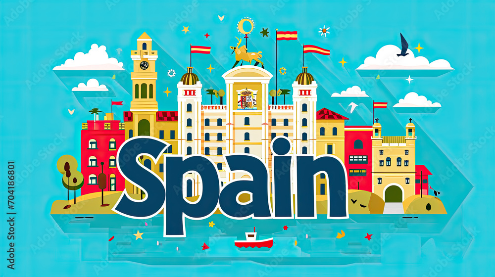 Spain travel poster, Europe vacation. Flat simple design