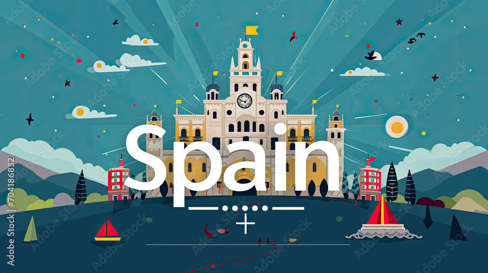 Spain travel poster, Europe vacation. Flat simple design