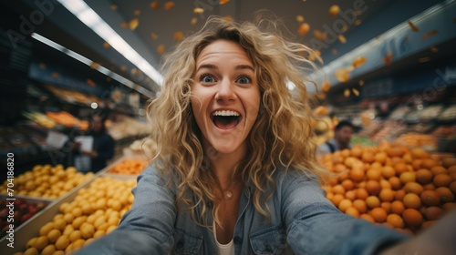 Ecstatic woman in grocery store