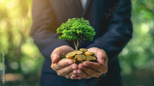 Socially responsible investing concept: Businessman hands holding stacks of golden coins and big tree on blurred green forest background  photo