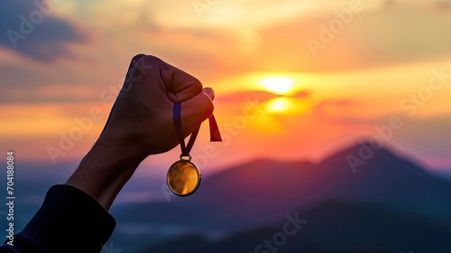 Victory concept: Silhouette overcomer hand holding gold medal against tombstone mountain sunset background photo