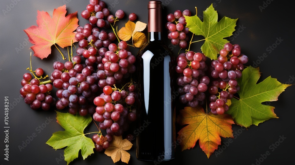 Fototapeta premium A bottle of red wine with red and green grape clusters and fall leaves