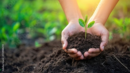 World soil day concept: Human hands holding seed tree with soil on blurred agriculture field background 
