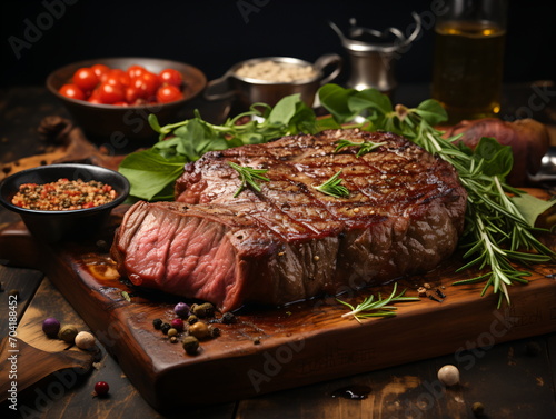 A delicious juicy steak on a wooden cutting board photo