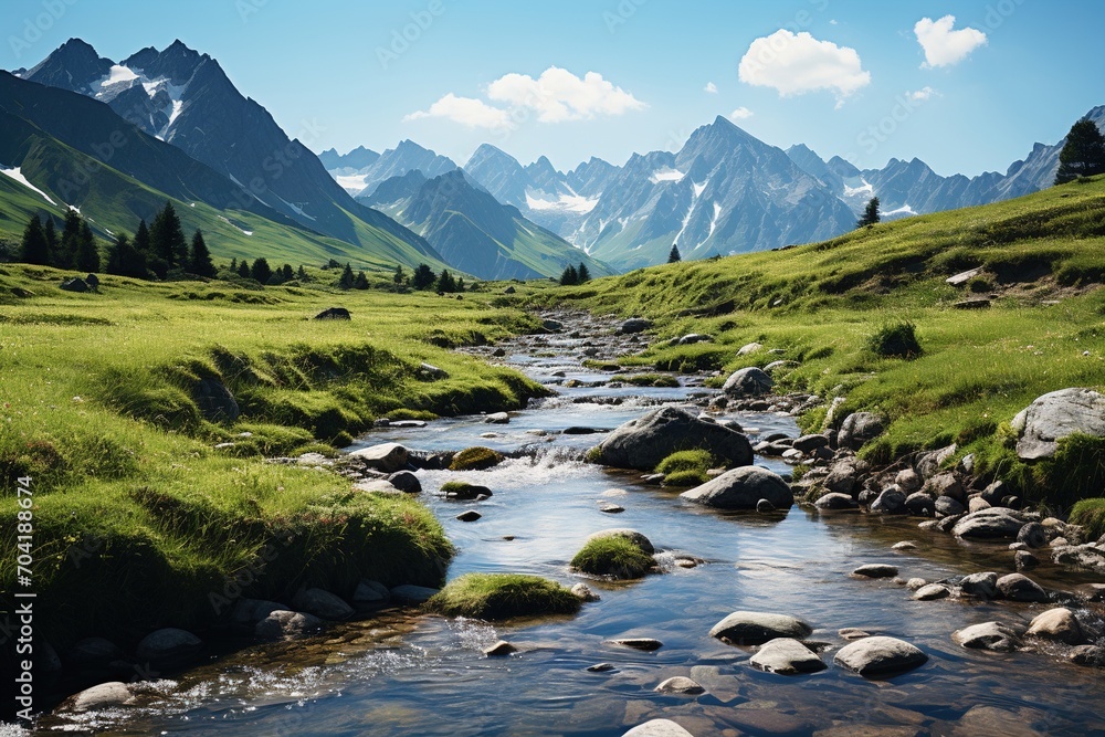 Alpine meadow with river and mountain landscape