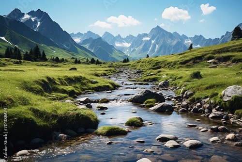 Alpine meadow with river and mountain landscape