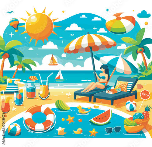 Summer illustration, beach scene, woman relaxing on the beach, beach nature