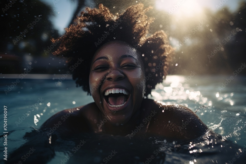 african american woman swiming in the pool at summer, happy black person having fun on vacation laughing and splashing cheerfully coming out of the water african american woman swiming in the pool at summer, happy black person having fun on vacation laughing and splashing cheerfully coming out of the water