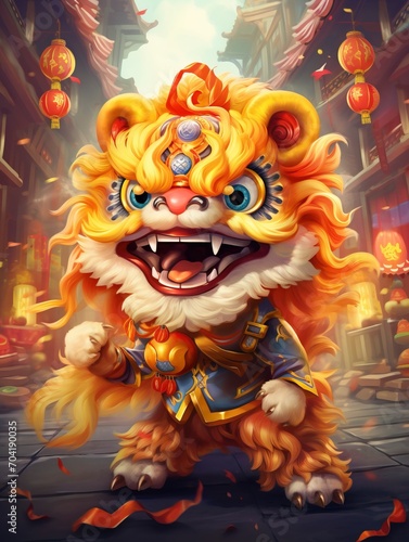Lively  A lively and energetic IP character of dragon and lion dance  full of vitality and radiating a joyful and cheerful atmosphere. - generative ai