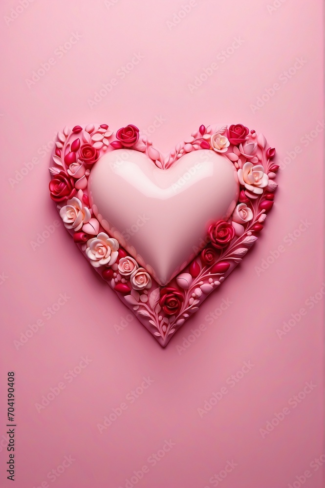  vpink heart on red and pink roses on pink background, Valentine's Day