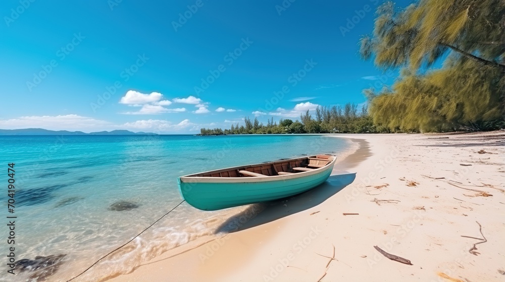 Small boat on a beautiful tropical beach with white sand and clear blue water Small boat on a beautiful tropical beach with white sand and clear blue water