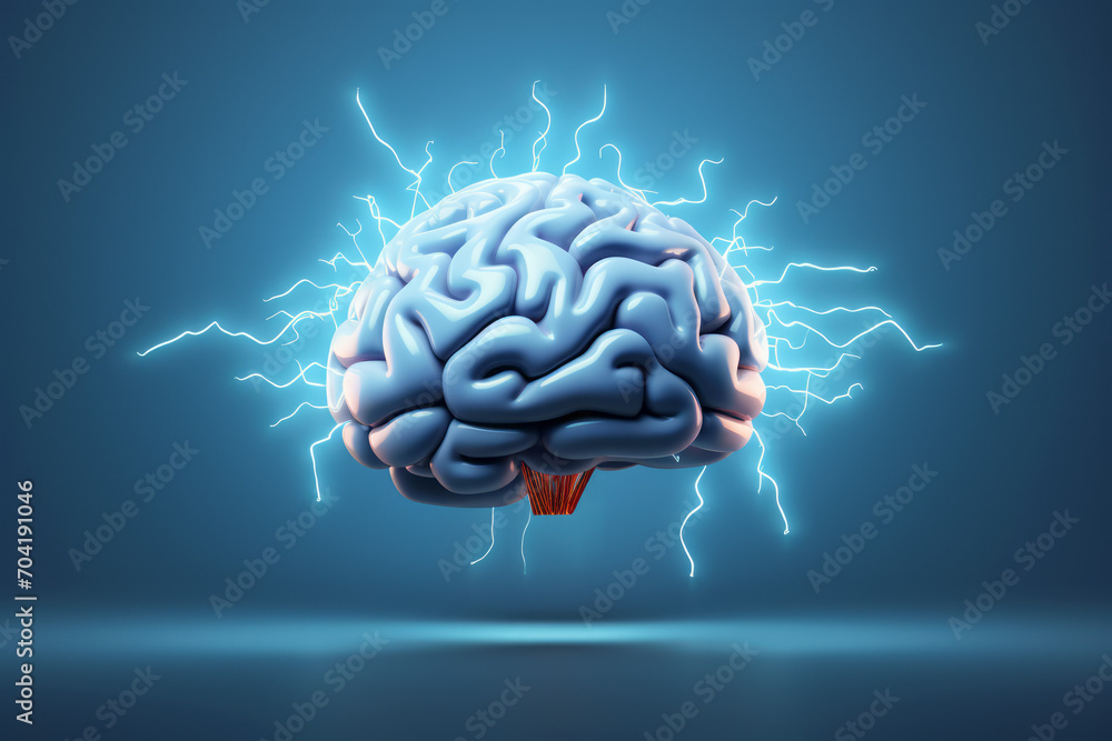 An electrical brain isolated on a solid blue background, 3D render illustration An electrical brain isolated on a solid blue background, 3D render illustration
