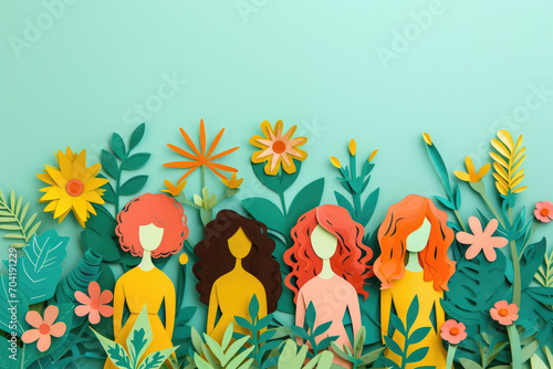 international woman's Day card of papercut girls and flowers