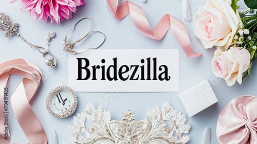 Bridezilla wedding flatlay design with roses and lace. Graphic banner photo