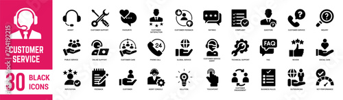 Customer Service solid icons set. Support, customer service, assistance, feedback, help, technical support, help desk and customer satisfaction. Vector illustration.