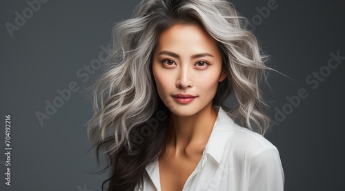portrait of an Asian woman with half black and half white hair