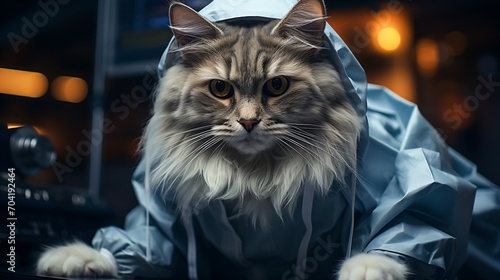 A gray cat wearing a blue raincoat is sitting on a table © duyina1990