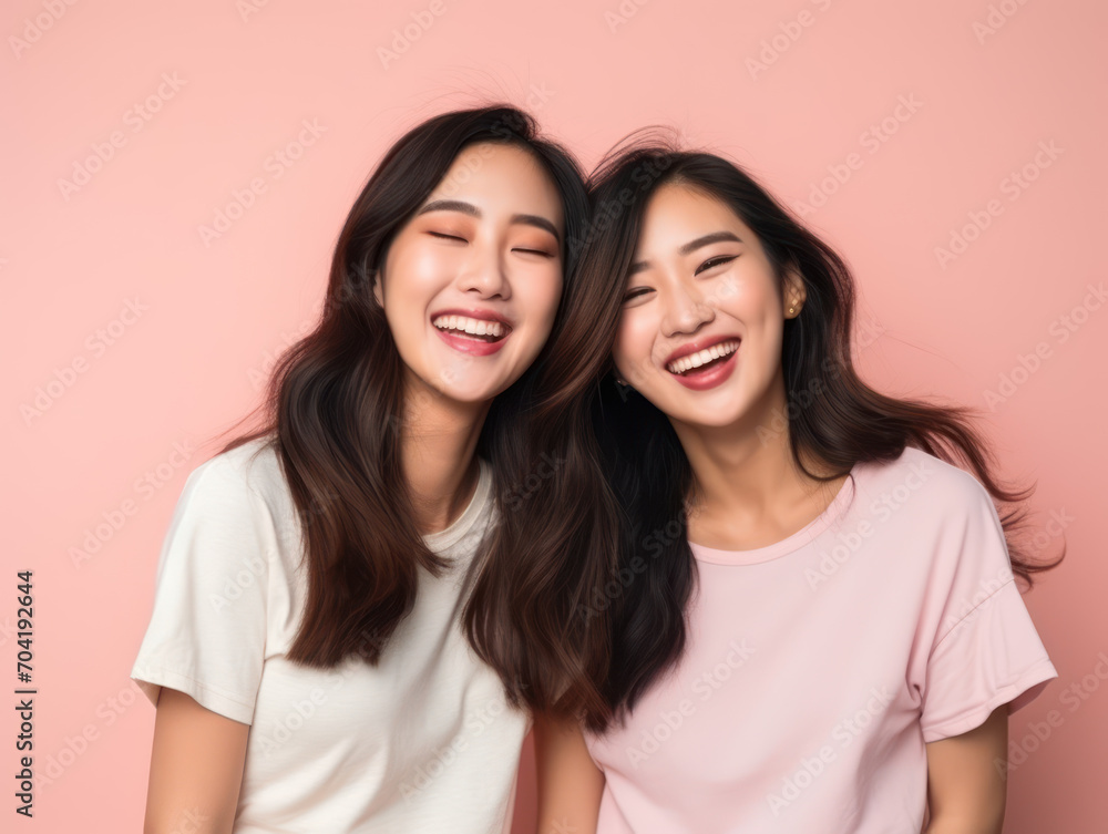 Asian sisters laughing happily isolated on pink background, happy family concept Asian sisters laughing happily isolated on pink background, happy family concept