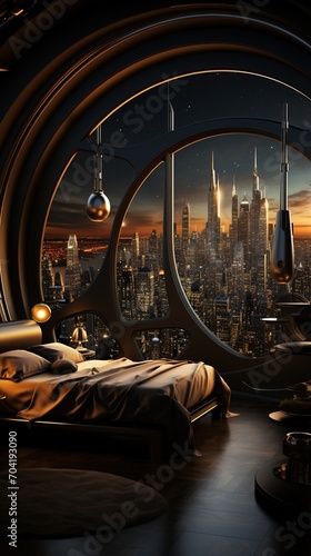 Futuristic bedroom with a view of the city at night