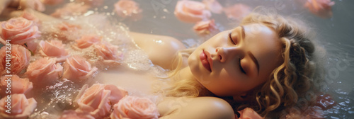A beautiful girl is relaxing in a bubble bath with flowers in a spa salon, a banner, a place for text