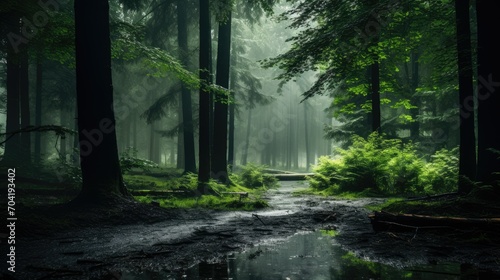 The road was muddy in the middle of a dense forest  a dense green forest wet from rain with little sunlight