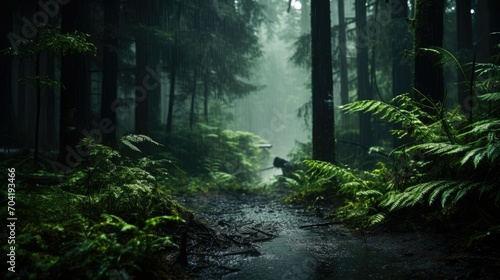 Scene of a muddy pathway in the heart of a dense forest, a dense green forest dampened by rain with limited sunlight