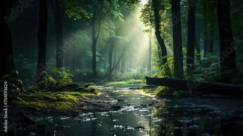 Scene of a muddy pathway surrounded by a dense forest, a rich green forest soaked by rain with scarce sunlight
