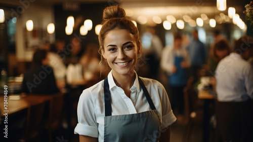 Portrait of a smiling waitress in a busy restaurant