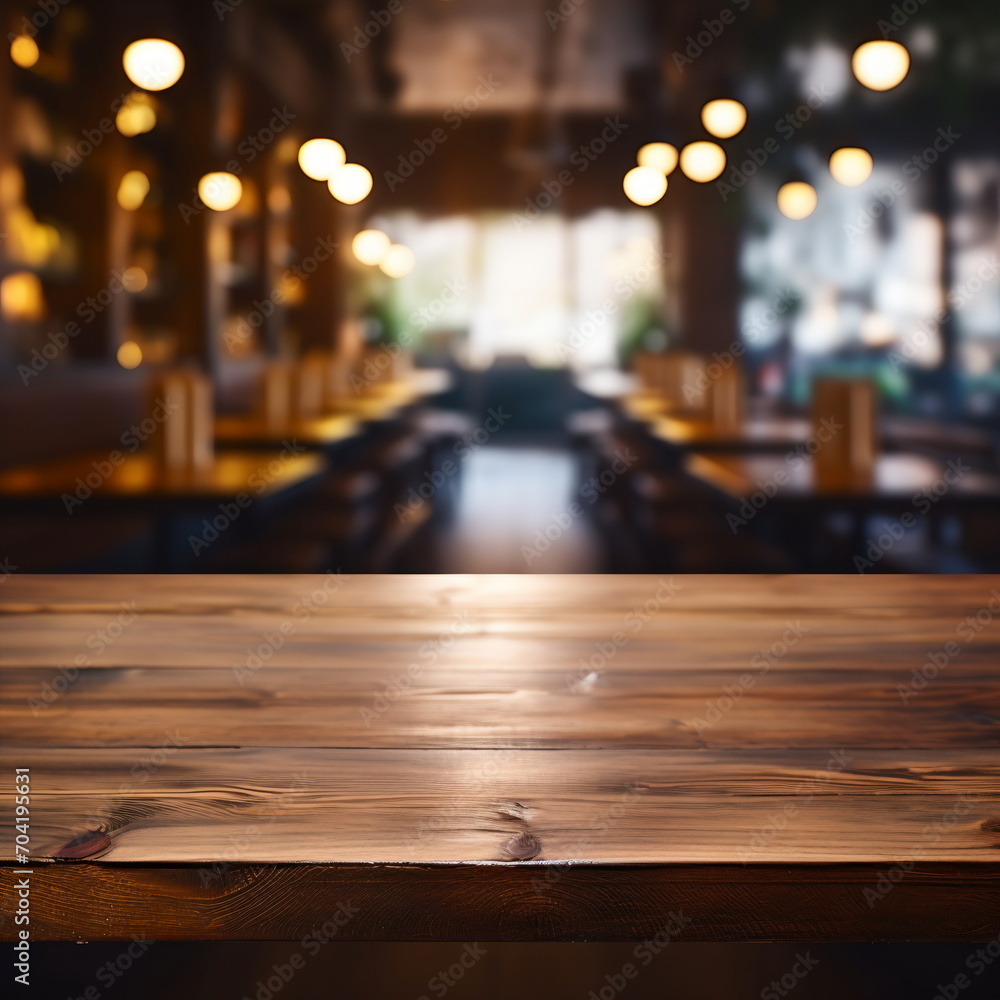 Wooden table with blurred restaurant interior in the background
