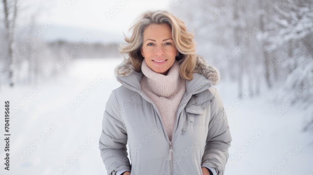 Obraz premium Front view portrait of senior woman with hat and mittens outdoors standing in snowy nature.