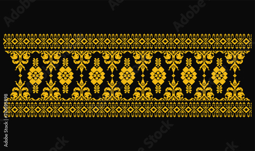 Black gold malay songket. Traditional Classic Malay handwoven black songket batik malaysia pattern with gold threads vector	
 photo