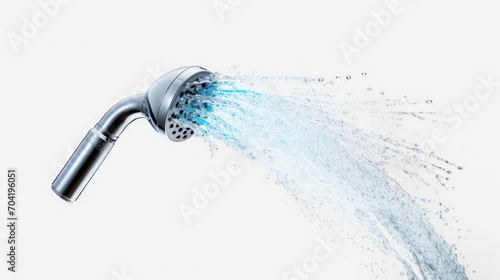 Shower head with running water isolated on white background