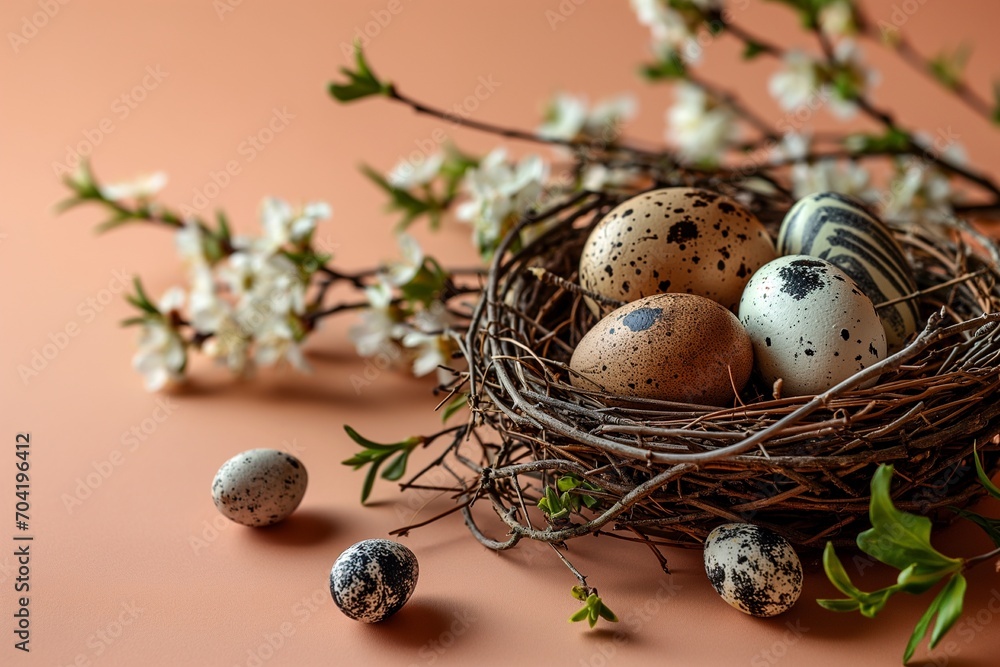 Fototapeta premium Nest with colorful Easter eggs and spring flowers on a peach colored background