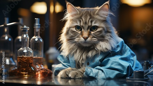 A cat wearing a lab coat is sitting on a table in a laboratory