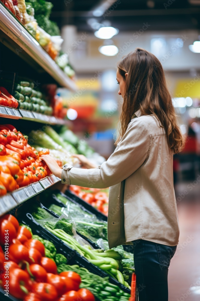 Young woman choosing fresh vegetables in supermarket