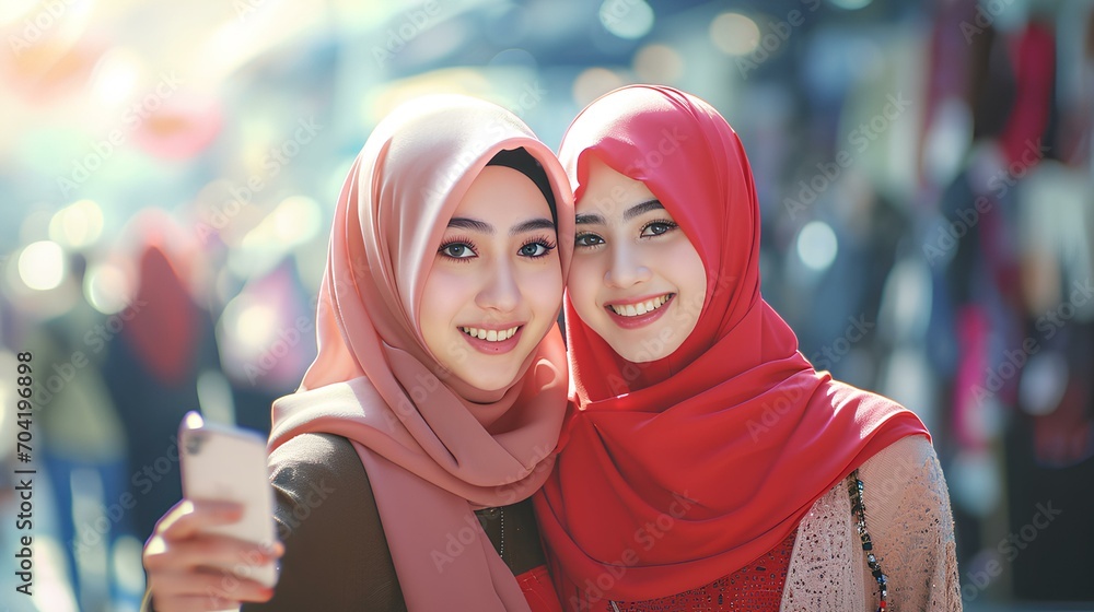 Two smiling women in hijabs sharing a selfie moment Two smiling women in hijabs sharing a selfie moment