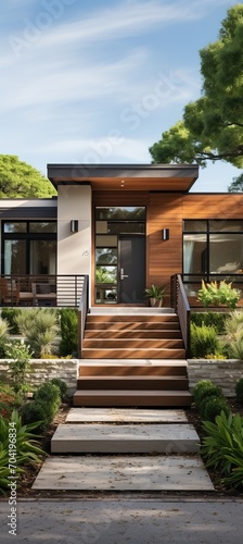 Modern house with wooden door and large windows