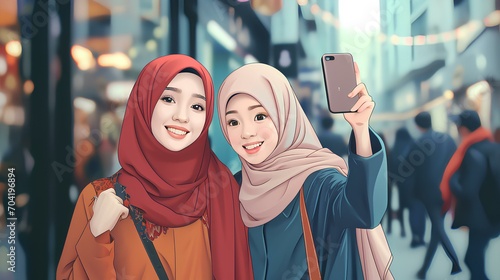 Two smiling women in hijabs sharing a selfie moment