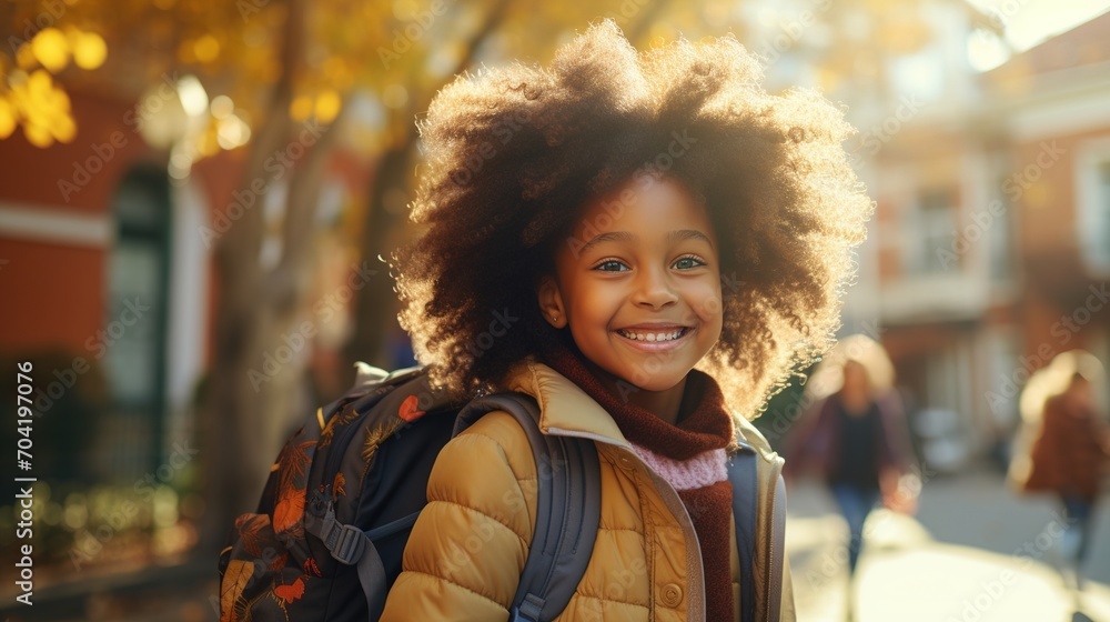 Portrait of a happy African American school girl with a backpack Portrait of a happy African American school girl with a backpack
