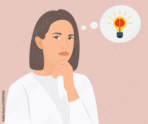 A beautiful young woman is thinking analytically, searching for a way to success in business. Vector illustration.