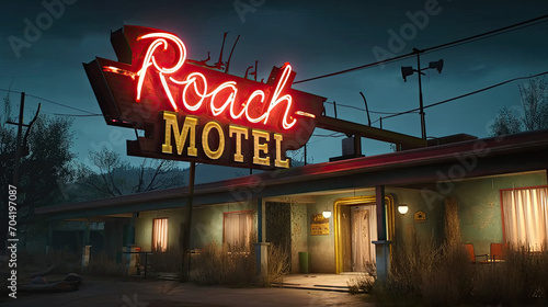 Neon sign for a roach motel - cockroach infested hotel, sleazy cheap roadside accommodation