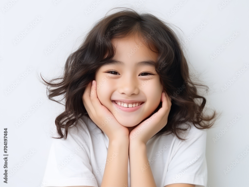 Beautiful little asian child puts hand on chin isolated on white background Beautiful little asian child puts hand on chin isolated on white background