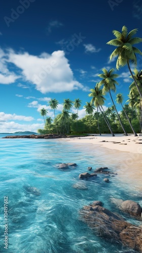 Coconut palm trees on a beach with white sand and blue ocean
