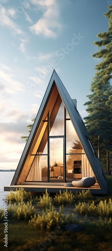 Modern A-frame cabin on lake at sunset