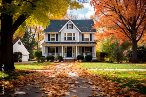 A picturesque autumn day adorns a comfortable suburban home nestled in a U.S. residential neighborhood.