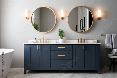 Brand new luxury home showcases a beautiful bathroom flooded with light, featuring a spacious vanity with dark blue cabinets, two sinks, a bathtub, circular mirrors, and a stylish closet. photo